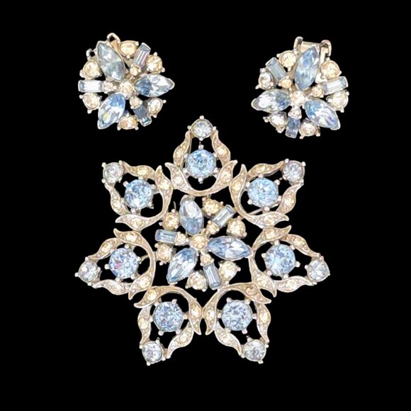 Vintage Bogoff Signed Blue and Clear Rhinestone Brooch & Earring Set - Picture 1 of 9